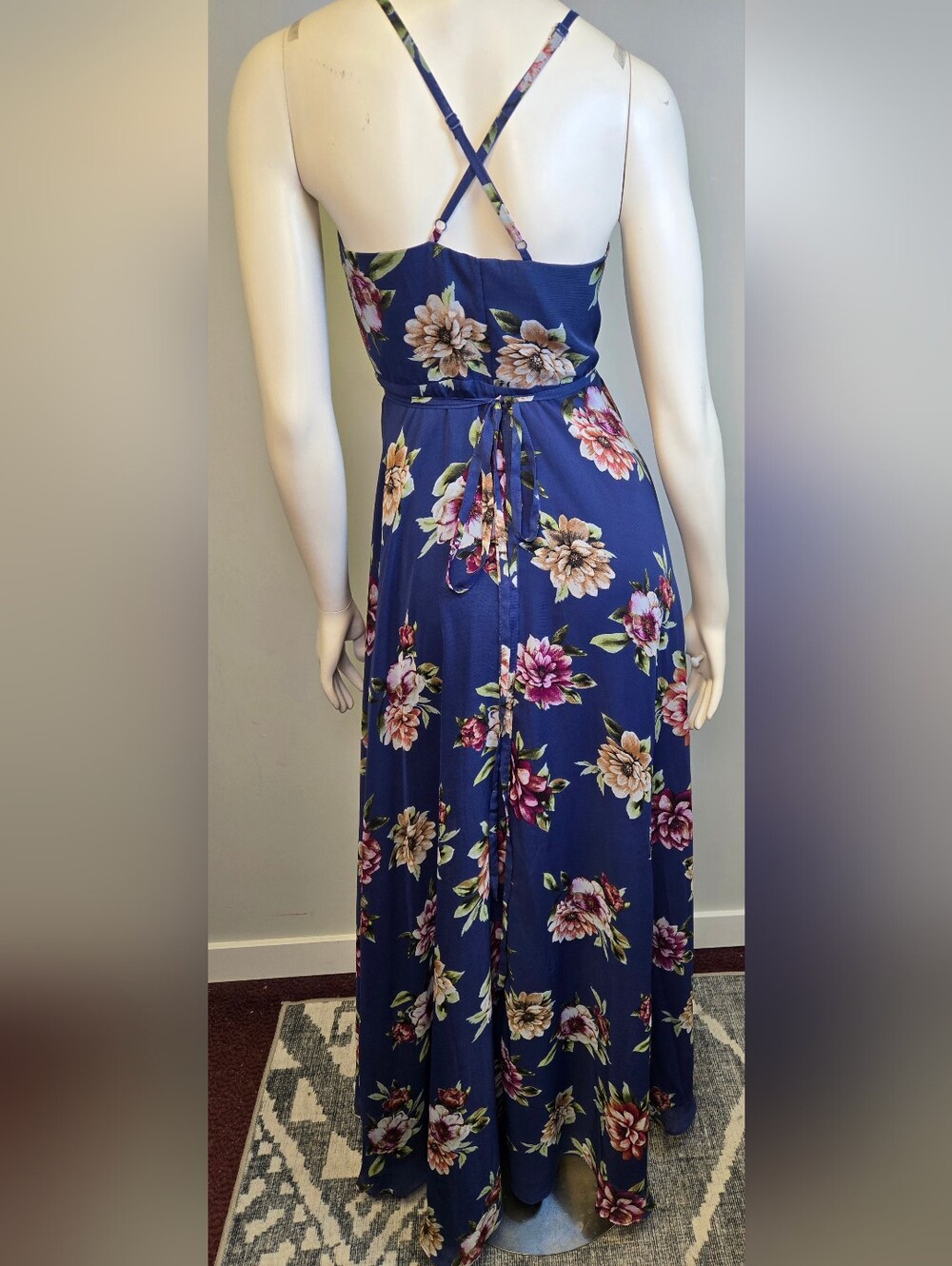 Lulus Blue Floral Wrap Floor Length Dress Size M - Picture 3 of 7